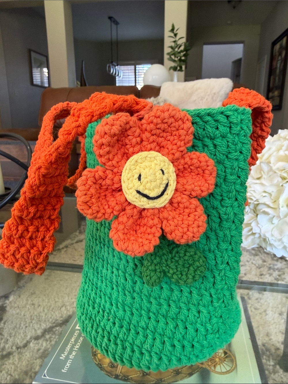 Handmade Green Crochet Kids Bag with Orange Flower Strap